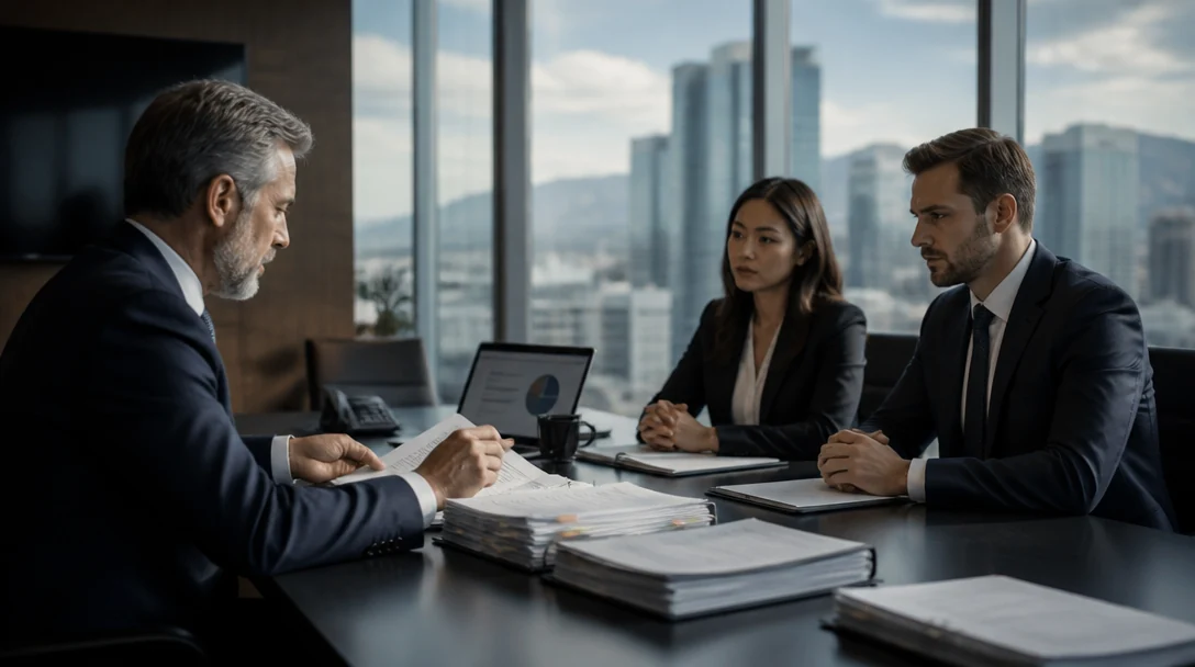 A lawyer for arbitration cases prepares the case materials with the company's representatives in Almaty