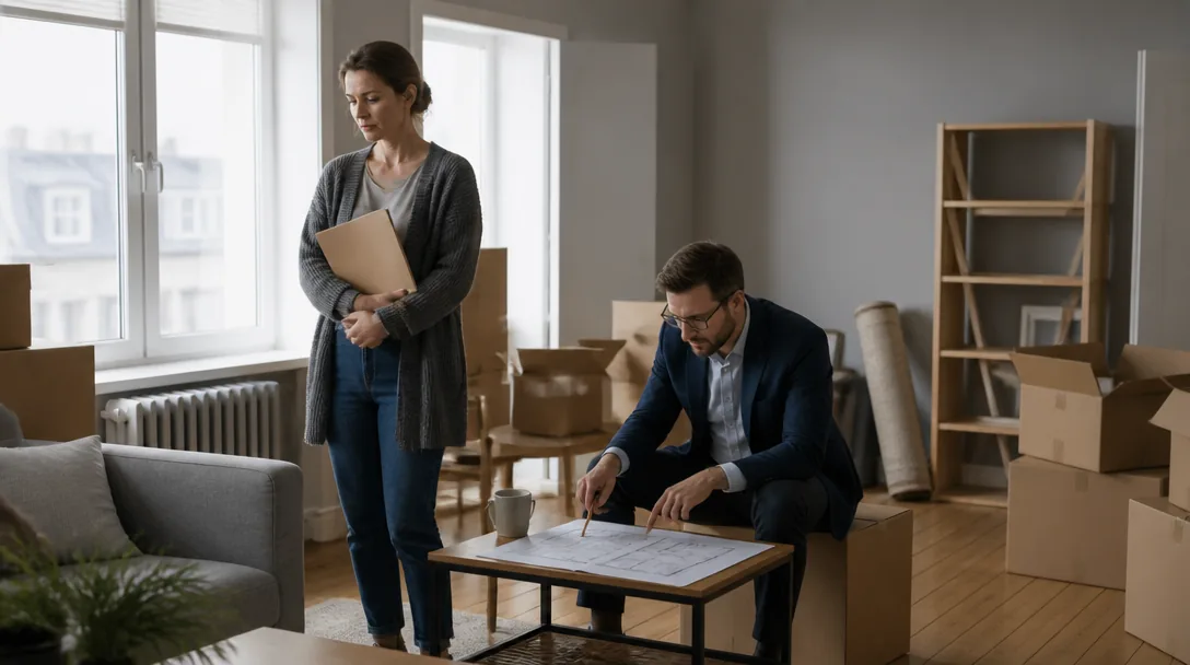 A lawyer for division of property reviews a flat plan with a client among moving boxes during a move in Almaty