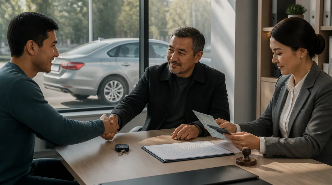 A notary checks a car's technical passport before certifying a sale and purchase contract in Almaty