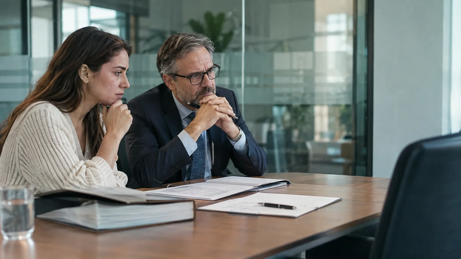 Client and lawyer studying a loan agreement before a dispute with a bank