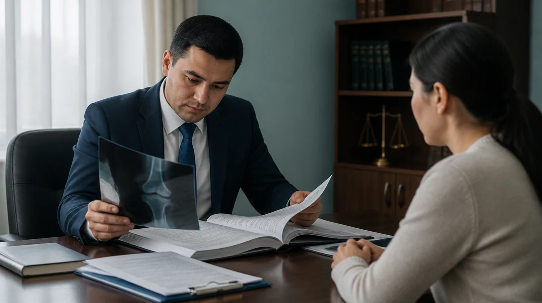 Medical lawyer reviews a patient's medical documents at the office in Almaty
