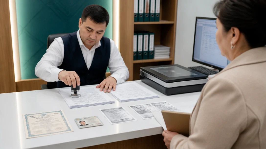A notary stamps certified copies of documents at a notary's office in Almaty
