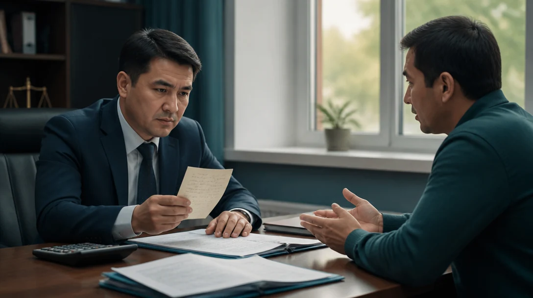 A lawyer reviews an IOU and a loan agreement while preparing a debt recovery case at an office in Almaty