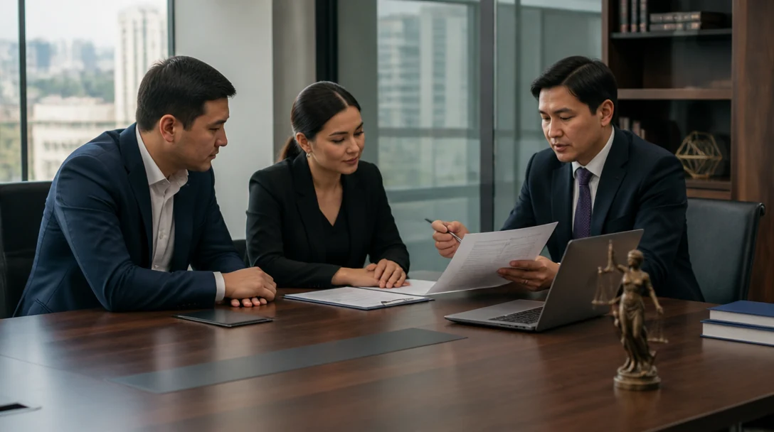 Corporate lawyer reviewing a company's constituent documents with partners in Almaty